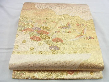 平和屋着物◎六通柄袋帯 唐織 飛鶴草花文 金糸 逸品 BAAH2964jm