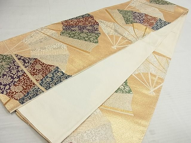 平和屋着物◎六通柄袋帯 扇面花唐草飛鳥文 金銀糸 正絹 逸品 AAAI1185Awj
