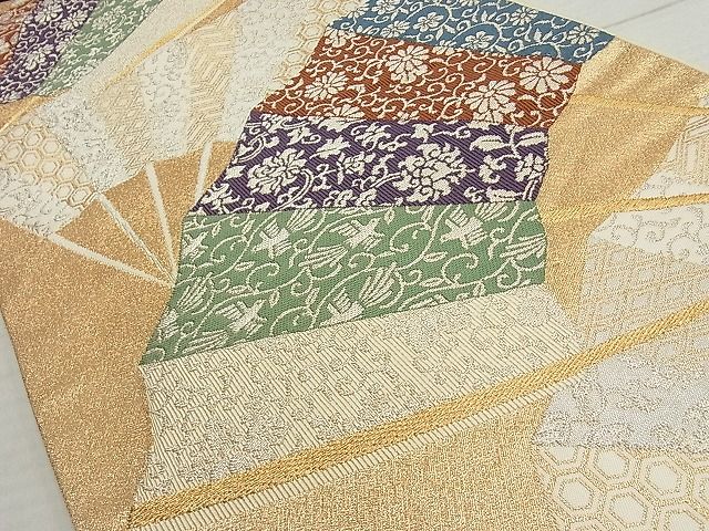 平和屋着物◎六通柄袋帯 扇面花唐草飛鳥文 金銀糸 正絹 逸品 AAAI1185Awj