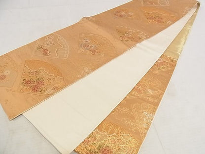 平和屋着物◎六通柄袋帯 唐織 扇面花鳥文 金銀糸 引箔 正絹 逸品 AAAJ7117Apf