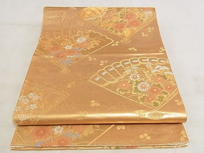 平和屋着物◎六通柄袋帯 唐織 扇面花鳥文 金銀糸 引箔 正絹 逸品 AAAJ7117Apf