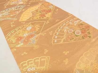 平和屋着物◎六通柄袋帯 唐織 扇面花鳥文 金銀糸 引箔 正絹 逸品 AAAJ7117Apf