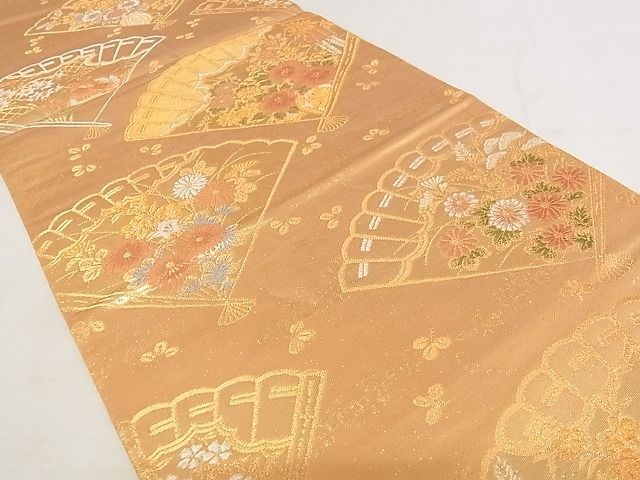 平和屋着物◎六通柄袋帯 唐織 扇面花鳥文 金銀糸 引箔 正絹 逸品 AAAJ7117Apf