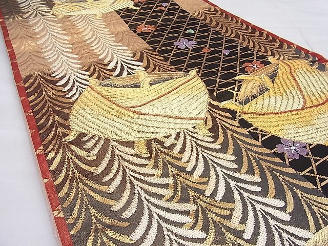 平和屋着物◎六通柄袋帯 唐織 糸巻車舞桜文 金糸 逸品 BAAH7946ea