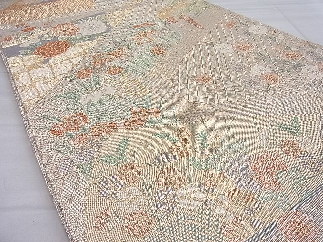平和屋着物◎宝珠本佐賀錦 六通柄袋帯 流水扇面花文 九百錦 金糸 逸品 BAAH7964ea