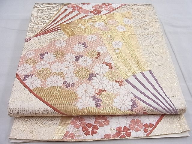平和屋着物◎六通柄袋帯 唐織 扇面春秋花文 金糸 逸品 BAAH7988ea