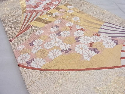 平和屋着物◎六通柄袋帯 唐織 扇面春秋花文 金糸 逸品 BAAH7988ea