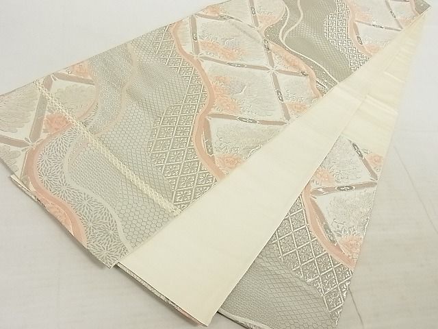 平和屋着物◎六通柄袋帯 天井孔雀花文 プラチナ箔 正絹 逸品 AAAJ2384Aex