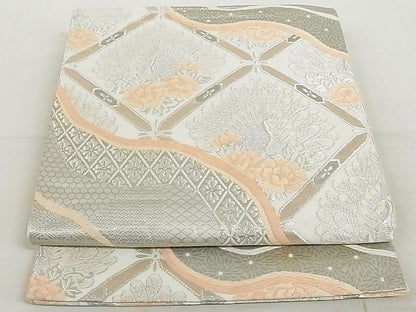 平和屋着物◎六通柄袋帯 天井孔雀花文 プラチナ箔 正絹 逸品 AAAJ2384Aex
