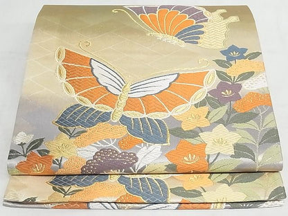 平和屋着物◎六通柄袋帯 唐織 花蝶文 金糸 正絹 逸品 AAAJ4326Ast