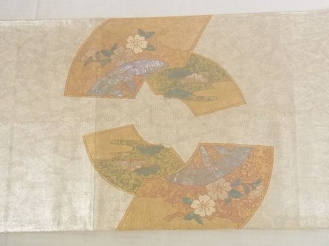 平和屋着物■太鼓柄袋帯 螺鈿箔 地紙重ねエ霞御所車花文 金銀彩 引箔 正絹 逸品 AAAJ0964Aaz