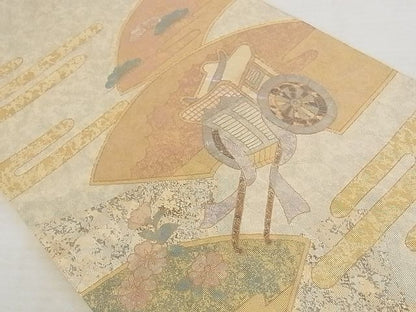 平和屋着物■太鼓柄袋帯 螺鈿箔 地紙重ねエ霞御所車花文 金銀彩 引箔 正絹 逸品 AAAJ0964Aaz