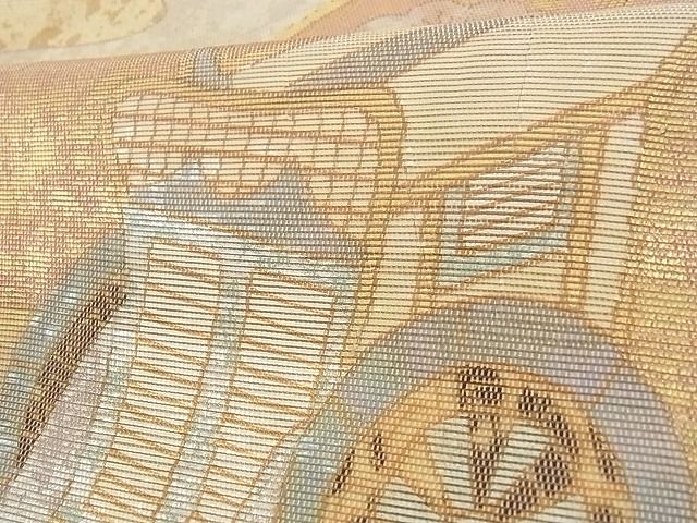 平和屋着物■太鼓柄袋帯 螺鈿箔 地紙重ねエ霞御所車花文 金銀彩 引箔 正絹 逸品 AAAJ0964Aaz