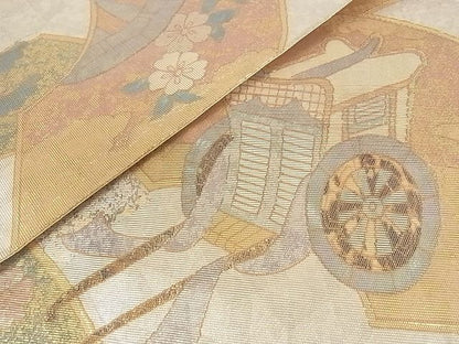 平和屋着物■太鼓柄袋帯 螺鈿箔 地紙重ねエ霞御所車花文 金銀彩 引箔 正絹 逸品 AAAJ0964Aaz