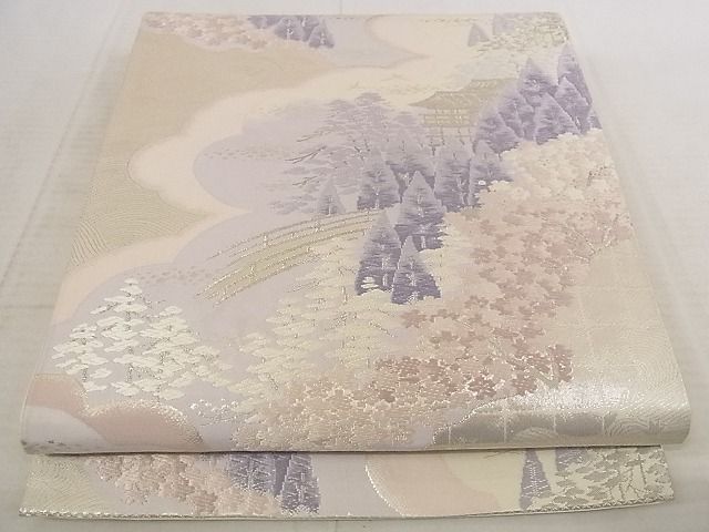 平和屋着物◎六通柄袋帯 吉祥萬代 風景文 銀糸 正絹 逸品 AAAJ2193Aaz