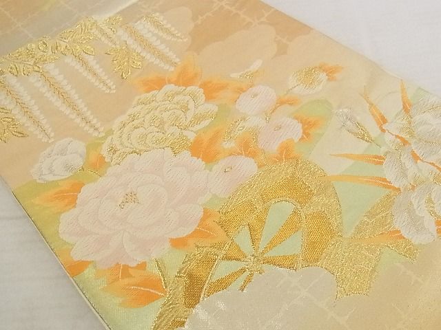 平和屋着物◎六通柄袋帯　唐織　片輪車花文　金糸　正絹　逸品　AAAJ0997Aaz