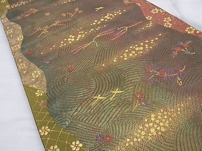 平和屋着物◎六通柄袋帯 唐織 吹き寄せ箔散らし文様 金糸 逸品 BAAG8964du