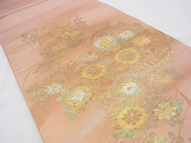 平和屋着物◎太鼓柄袋帯 作家物 手描き 花籠文 金銀彩 落款あり 逸品 BAAH5931fk