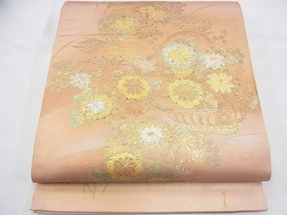 平和屋着物◎太鼓柄袋帯 作家物 手描き 花籠文 金銀彩 落款あり 逸品 BAAH5931fk