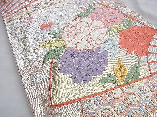平和屋着物◎野々村織物謹製 六通柄袋帯 唐織 扇面吉祥草花文 金銀糸 逸品 BAAG8998du