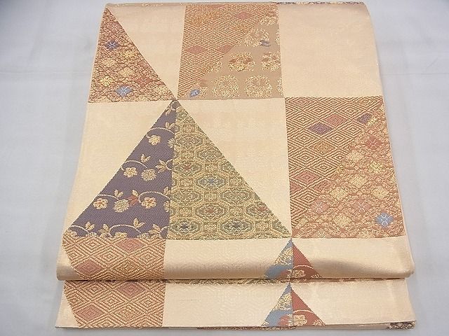 平和屋着物◎六通柄袋帯　唐織　名物裂格子柄　金糸　逸品　BAAH5936fk
