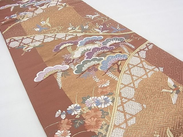 平和屋着物◎六通柄袋帯 唐織 飛鶴草花文 金糸 逸品 BAAH5935fk