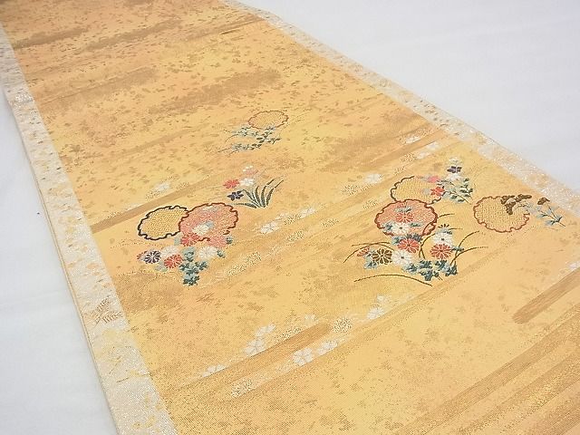 平和屋着物◎太鼓柄袋帯 唐織 雪輪エ霞秋草文 金銀糸 逸品 BAAH5934fk