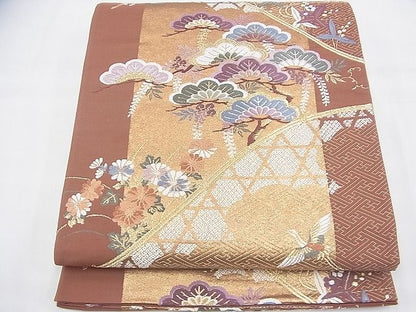 平和屋着物◎六通柄袋帯 唐織 飛鶴草花文 金糸 逸品 BAAH5935fk