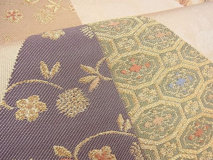 平和屋着物◎六通柄袋帯　唐織　名物裂格子柄　金糸　逸品　BAAH5936fk