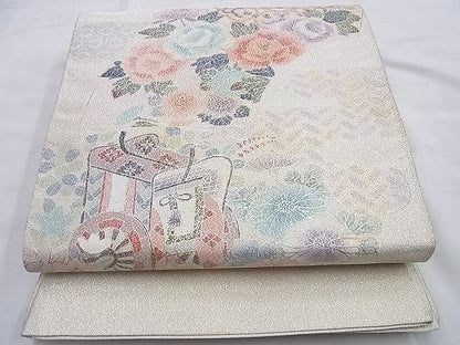 平和屋着物◎太鼓柄袋帯 綴れ エ霞吉祥花文 金銀彩 逸品 BAAI0219du