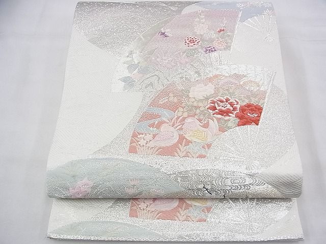 平和屋着物◎六通柄袋帯 唐織 扇面流し花鳥文 九百錦 プラチナ箔 逸品 BAAH5983fk