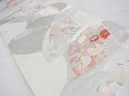 平和屋着物◎六通柄袋帯 唐織 扇面流し花鳥文 九百錦 プラチナ箔 逸品 BAAH5983fk