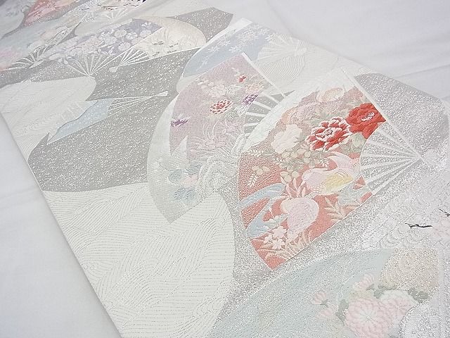 平和屋着物◎六通柄袋帯 唐織 扇面流し花鳥文 九百錦 プラチナ箔 逸品 BAAH5983fk