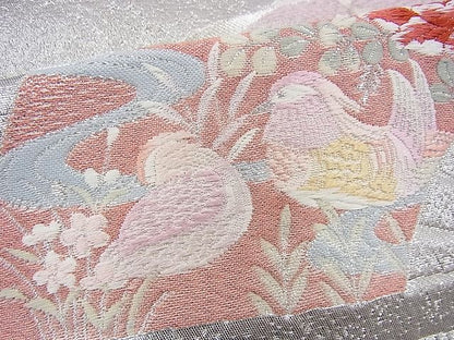 平和屋着物◎六通柄袋帯 唐織 扇面流し花鳥文 九百錦 プラチナ箔 逸品 BAAH5983fk