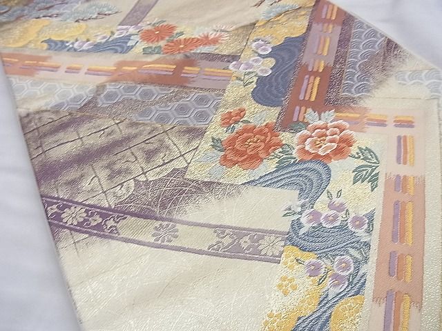 平和屋着物◎六通柄袋帯 唐織 雲取り亀甲花文 金糸 逸品 BAAI0243du