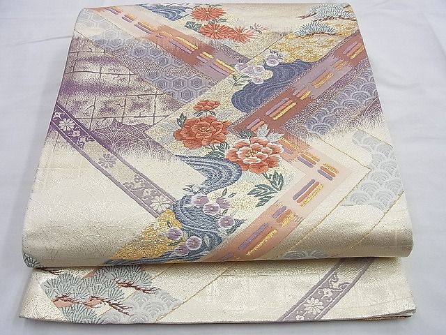 平和屋着物◎六通柄袋帯 唐織 雲取り亀甲花文 金糸 逸品 BAAI0243du