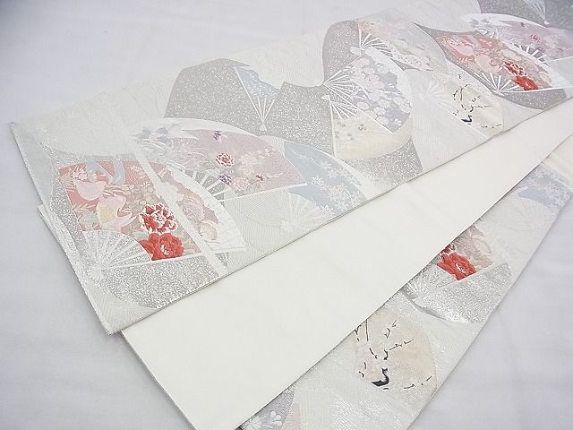 平和屋着物◎六通柄袋帯 唐織 扇面流し花鳥文 九百錦 プラチナ箔 逸品 BAAH5983fk