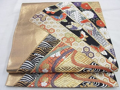 平和屋着物◎六通柄袋帯 唐織 能裳 黒地 金糸 逸品 BAAI0263du