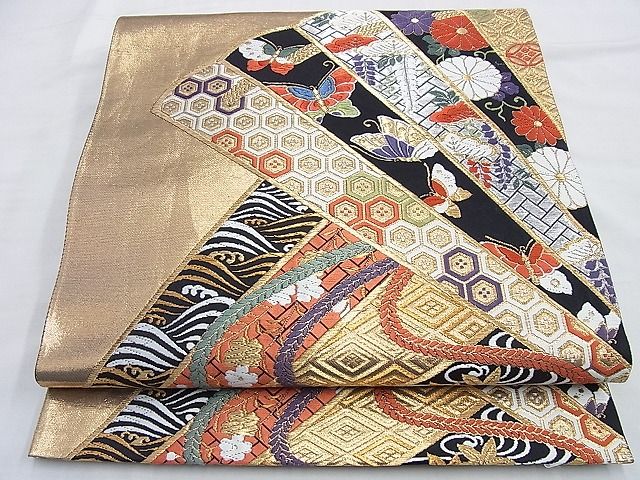 平和屋着物◎六通柄袋帯 唐織 能裳 黒地 金糸 逸品 BAAI0263du