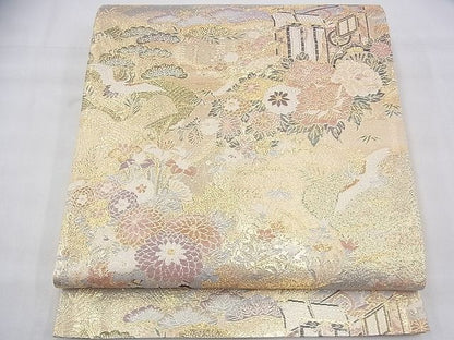 平和屋着物◎六通柄袋帯 飛鶴御所車花文 金糸 逸品 BAAH8368fk