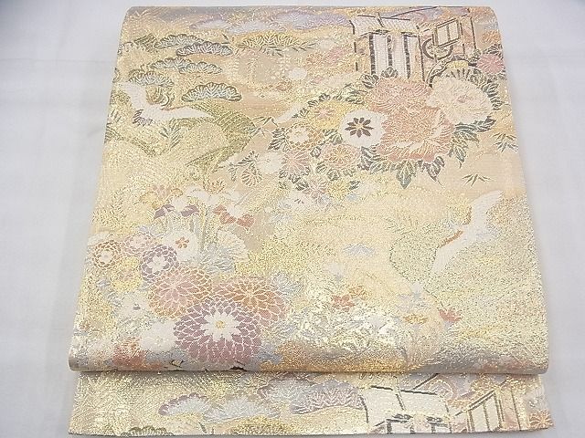 平和屋着物◎六通柄袋帯 飛鶴御所車花文 金糸 逸品 BAAH8368fk