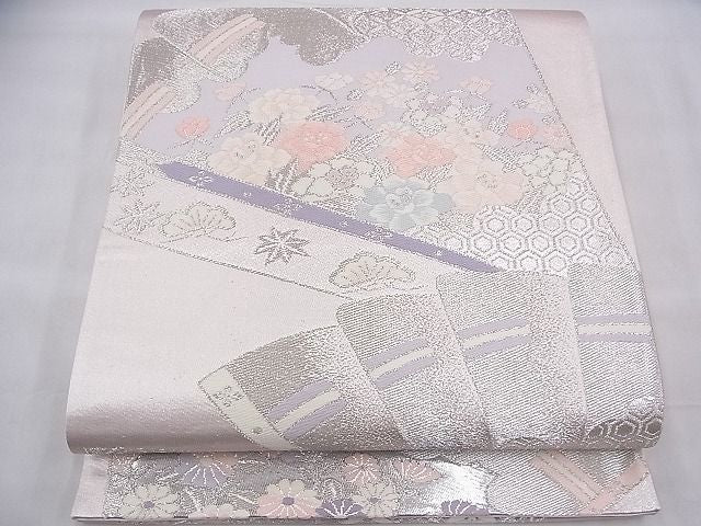 平和屋着物◎六通柄袋帯　唐織　檜扇花文　プラチナ箔二重織　逸品　BAAH8389fk