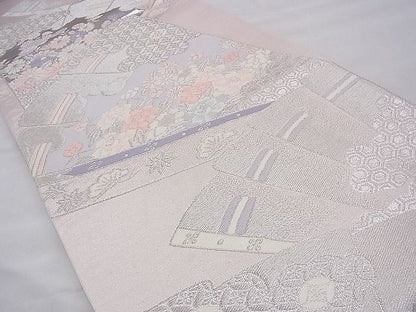 平和屋着物◎六通柄袋帯　唐織　檜扇花文　プラチナ箔二重織　逸品　BAAH8389fk