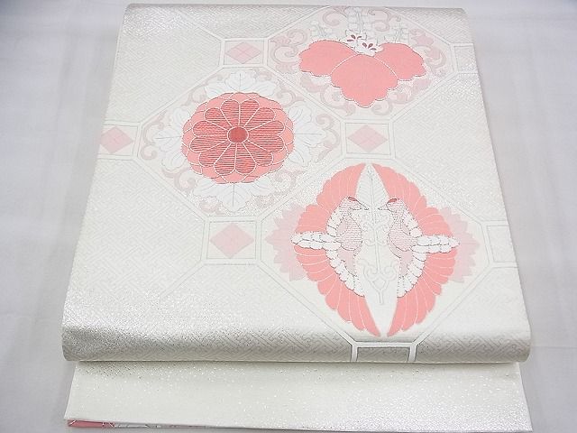 平和屋着物◎太鼓柄袋帯 駒刺繍 総画蜀江桐菊文 銀糸 逸品 BAAH8396fk