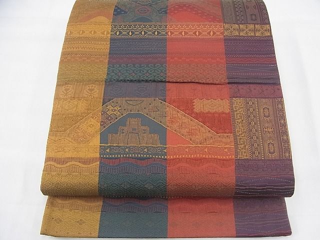 平和屋着物◎六通柄袋帯 ふくれ織 更紗横段文 逸品 BAAH8399fk