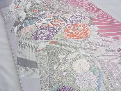平和屋着物◎六通柄袋帯 唐織 重ね扇面文 プラチナ箔 逸品 BAAI0300du