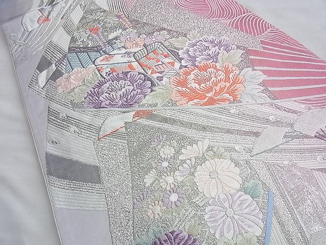 平和屋着物◎六通柄袋帯 唐織 重ね扇面文 プラチナ箔 逸品 BAAI0300du