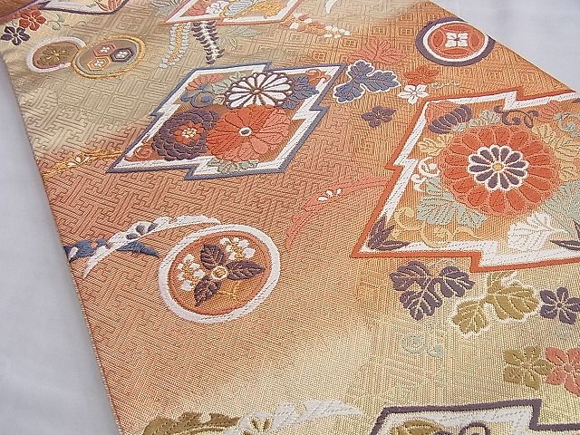 平和屋着物◎能衣佐賀錦 六通柄袋帯 唐織 松皮菱桐菊文 金糸 逸品 BAAI0309du