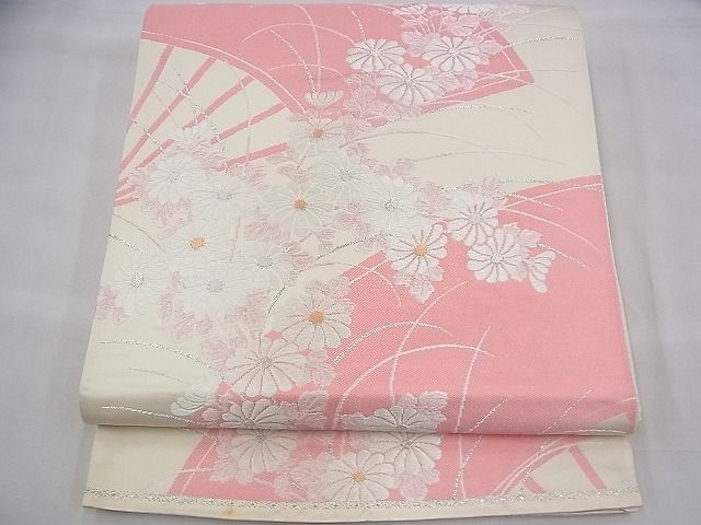 平和屋着物◎六通柄袋帯 唐織 扇面菊文 金糸 逸品 BAAH8437fk