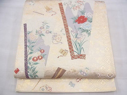 平和屋着物◎六通柄袋帯 唐織 扇散らし吉祥花文 九百錦 金糸 逸品 BAAH8429fk